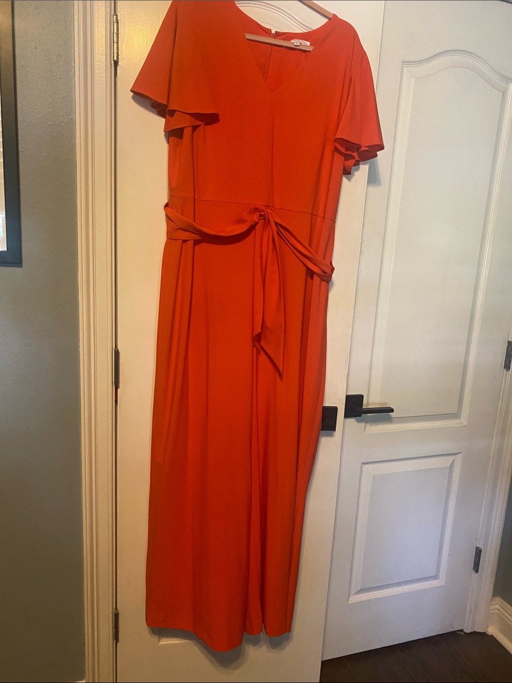 V-Neck Tie-Waist Maxi Jumpsuit in Bright Orange